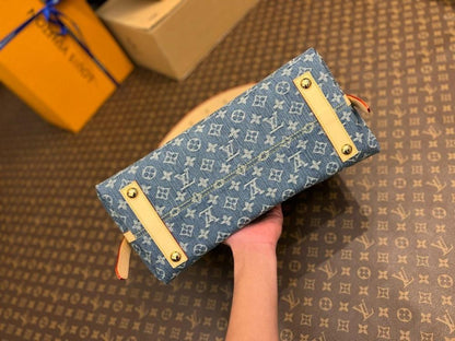 Italian-Inspired Stylish Blue Embroidered Denim Top Handle Bag