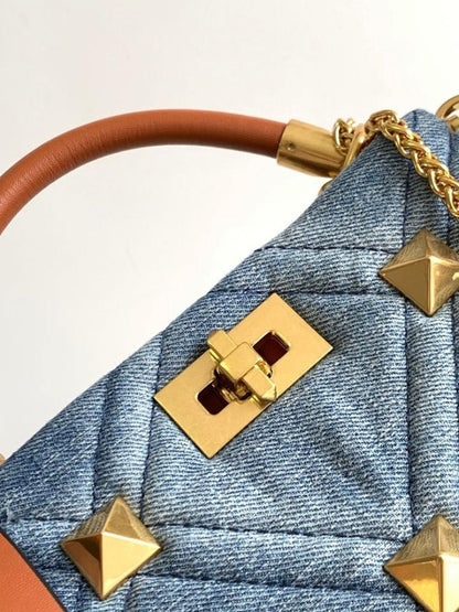 Italian-Inspired Luxury Studded Denim Shoulder Bag
