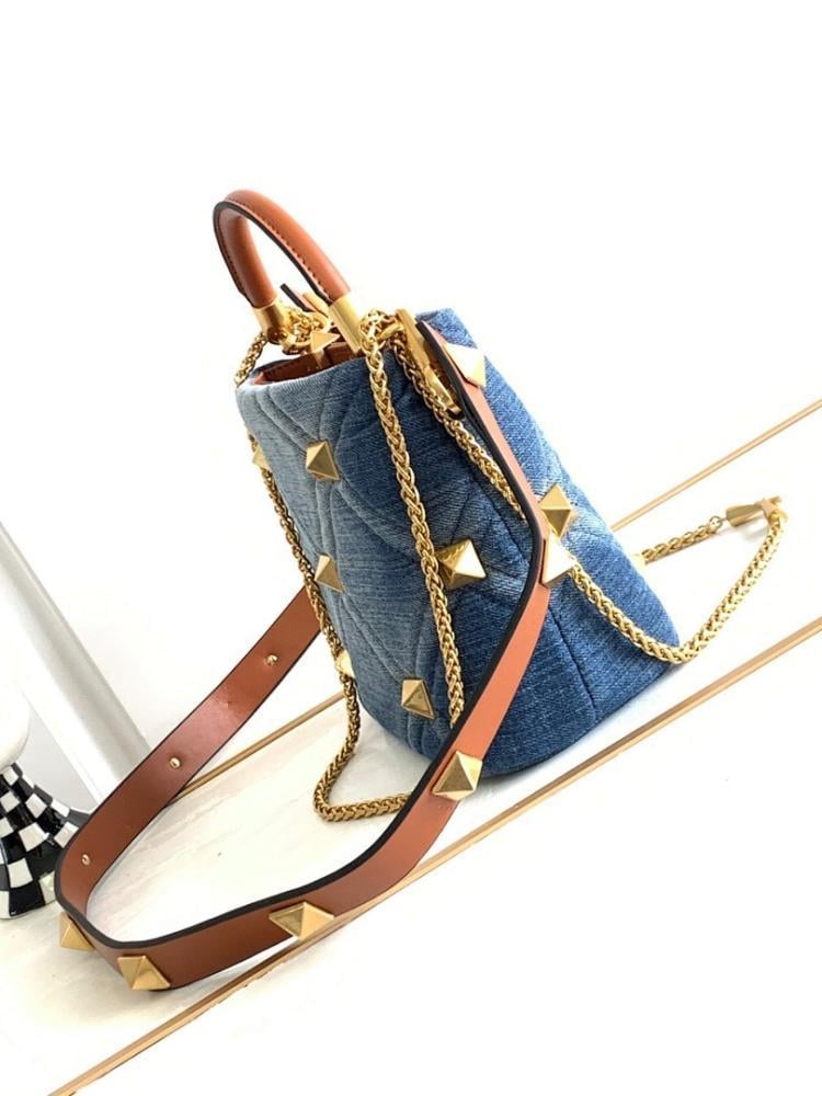 Italian-Inspired Luxury Studded Denim Shoulder Bag
