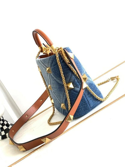 Italian-Inspired Luxury Studded Denim Shoulder Bag