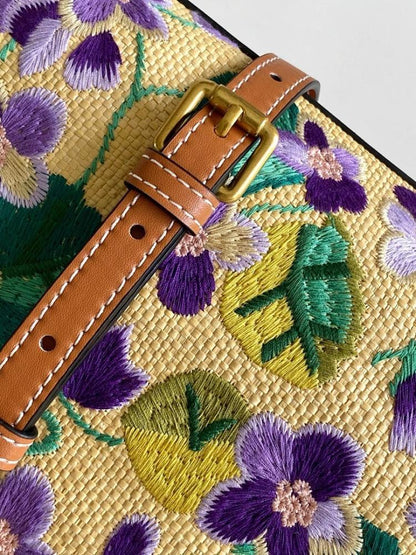 Modern Italian-Inspired Brown Embroidered Leather Top Handle Bag