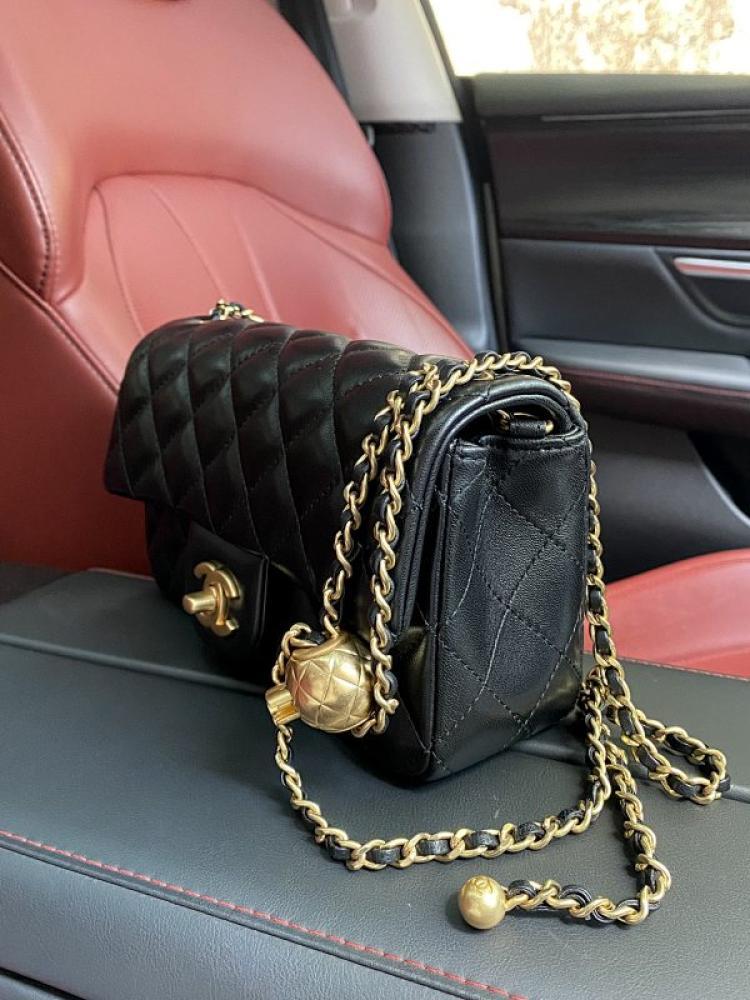 Mini Square Pearl Crush Flap Bag in Black