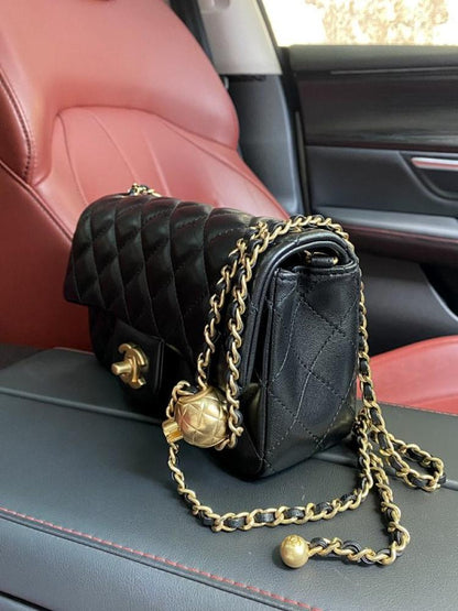 Mini Square Pearl Crush Flap Bag in Black