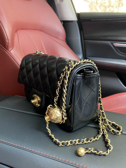 Mini Square Pearl Crush Flap Bag in Black