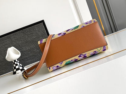 Modern Italian-Inspired Brown Embroidered Leather Top Handle Bag