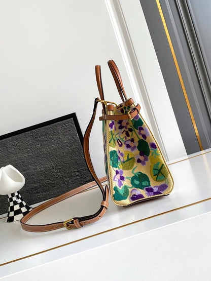 Modern Italian-Inspired Brown Embroidered Leather Top Handle Bag