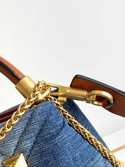 Italian-Inspired Luxury Studded Denim Shoulder Bag