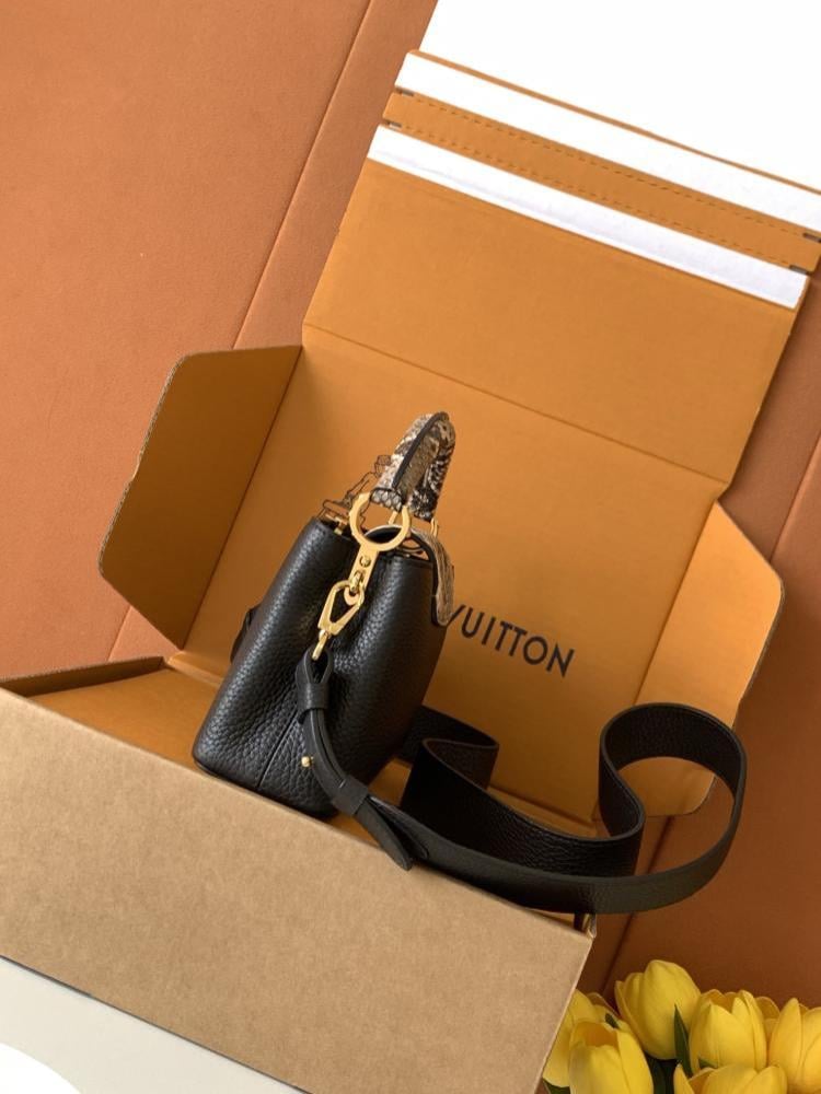 Capucines Mini in Black Taurillon Leather with Python Trim