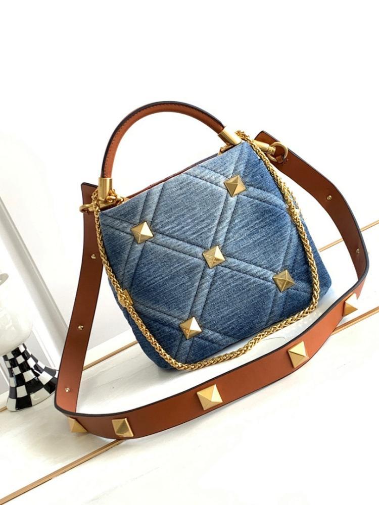 Italian-Inspired Luxury Studded Denim Shoulder Bag