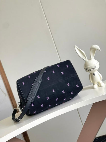 Classic Modern Black Embroidered Denim Top Handle Bag
