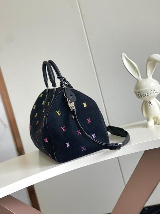 Classic Modern Black Embroidered Denim Top Handle Bag
