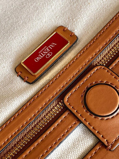 Modern Italian-Inspired Brown Embroidered Leather Top Handle Bag