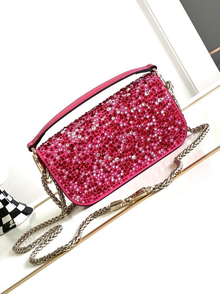 Classic Elegant Crystal-Embellished Lambskin Shoulder Bag
