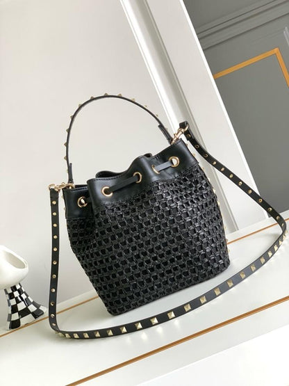 Modern Luxury Studded Raffia Bucket Bag