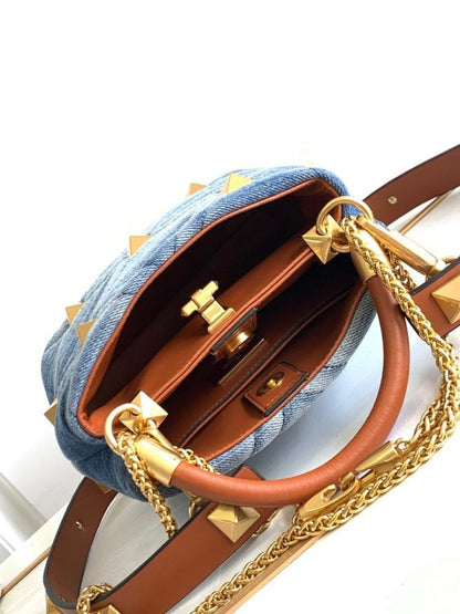 Italian-Inspired Luxury Studded Denim Shoulder Bag